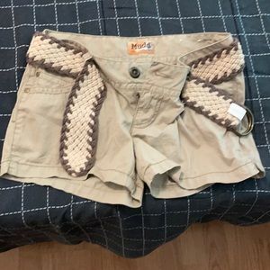 Tan shorts with braided cream and brown belt